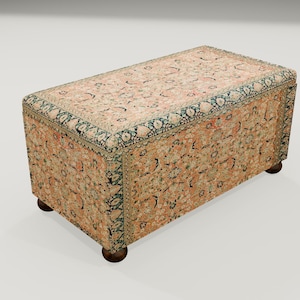 May include: A rectangular storage ottoman with a floral patterned fabric covering. The fabric is a mix of beige, pink, and green colours. The ottoman has wooden legs.