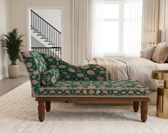 Chaise longue étnica floral verde oscuro / Sofá cama de dormitorio de estilo tradicional, RS 630