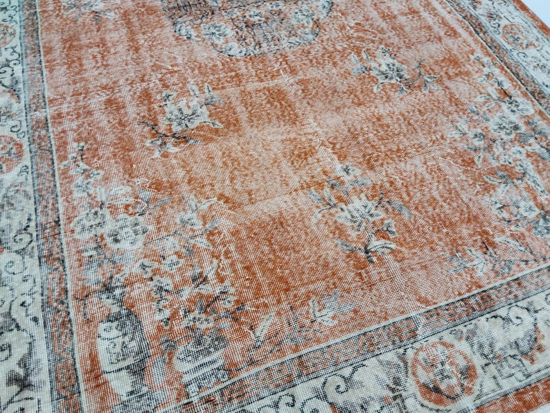 Rust Orange Rug, Low Pile Turkish Rug, Wool Pile Rug, Vintage Oushak
