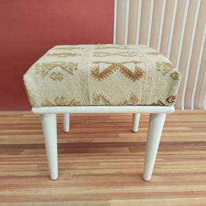 Ivory Geometric Motif Square Bench | Boho Entryway Shoe Ottoman Pouf Conic Leg / White