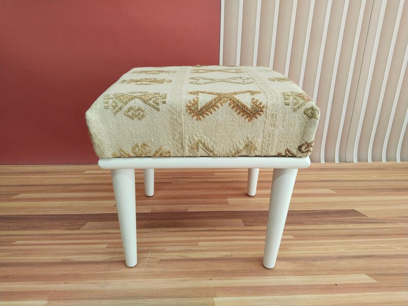 Ivory Geometric Motif Square Bench | Boho Entryway Shoe Ottoman Pouf Conic Leg / White