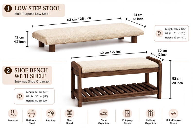 The image is a detailed diagram of a low step stool with a shelf, providing measurements and features of the product.