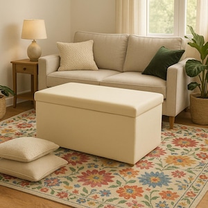 Può includere: Un pouf contenitore color crema con un top trapuntato si trova davanti a un divano beige con cuscini color verde e bianco. Il pouf è su un tappeto con motivo floreale.