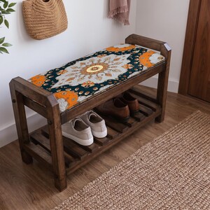 Teal Grand Sunburst Shoe Rack Bench | Narrow Entryway Shoe Storage | Boho Turkish Handmade image 10