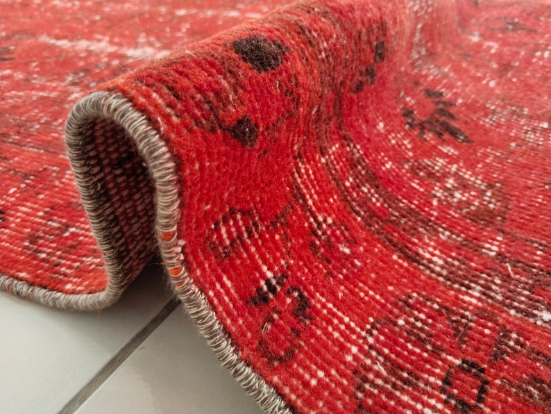 Retro Rug, Red Black Rug, Floral Rug, Turkish Wool Rug, Bathroom Rug