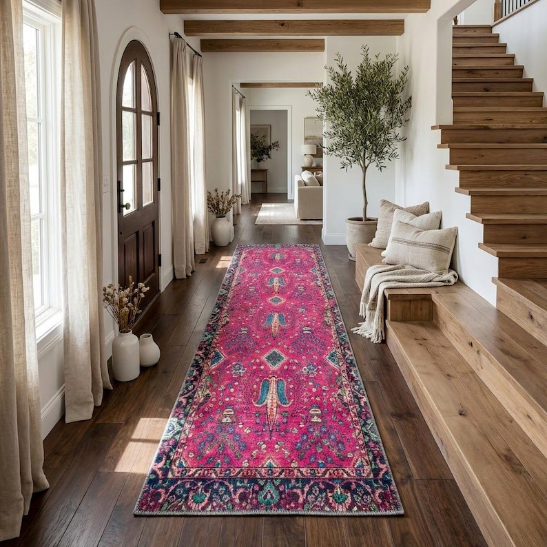 Pink Rug, Handknotted Rug, Blue Rug, Indoor Non-Slip Rug, Bohemian Rug, Chenille Cotton Rug, Polyester Rug, Modern Rug, Washable Rug