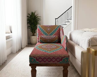 Turquoise Maroon Medallion Chaise | Bohemian Oriental Bedroom Sofa, RS 699