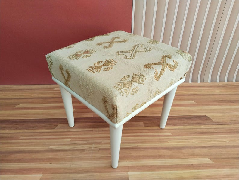 Ivory Geometric Motif Square Bench | Boho Entryway Shoe Ottoman Pouf image 12