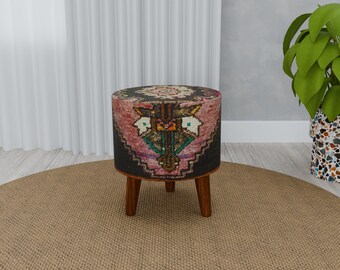 Dark color stool, Ethnic footstool, Decorative chair, Comfortable seat, Ottoman piano bench, Round tea table, Boho pouf stool, RS 846-0
