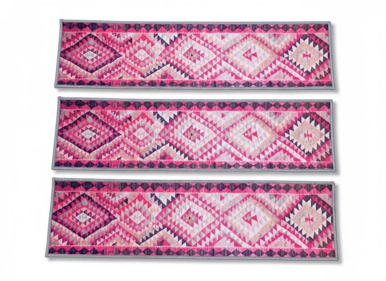 stairs runner rug, pink rug for stairs, retro rug, herki rug print, ikat rug, aesthetic rug, boho decor rug, pastel rug, steps rug, RS 70