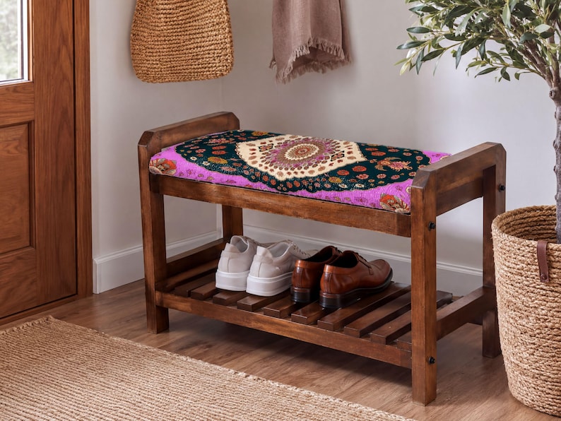 A wooden bench with a colorful cushion sits in a hallway, accompanied by a woven basket and a potted plant.