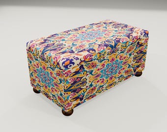 Boho Mandala Storage Ottoman | Colorful Fabric Bedroom Seating Trunk Chest, RS 74