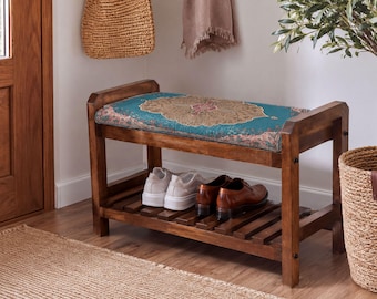 Teal Coral Sunburst Shoe Rack Bench | Hallway Decorative Storage