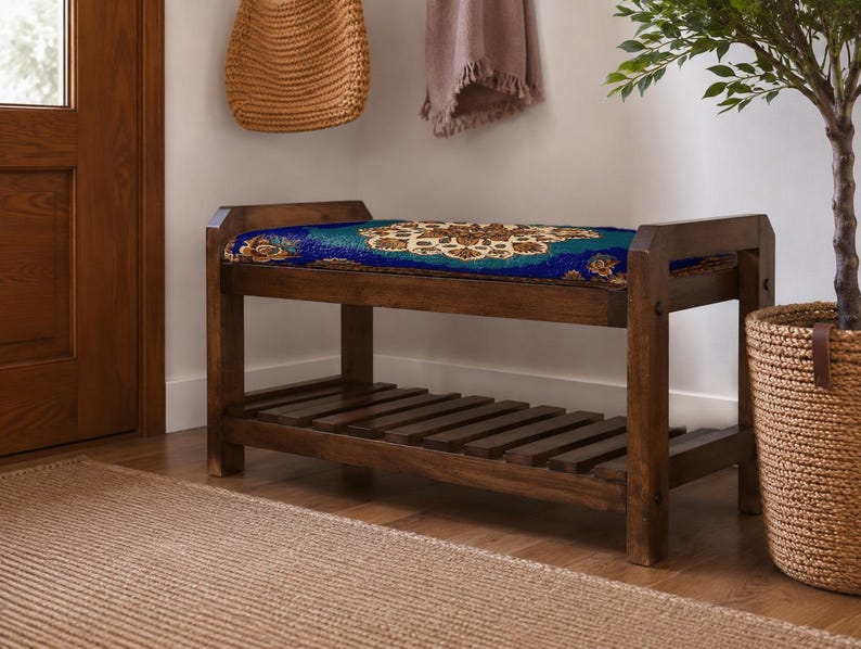 Royal Blue Ottoman Ornamental Shoe Rack Bench | Narrow Entryway Shoe Storage | Boho Turkish Handmade image 3
