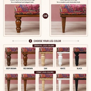 The image is a visual guide that provides a selection of leg styles and colors for customers to choose from. It features various leg styles and colors, such as oriental legs, conic legs, and different types of legs like deep brown, conic legs, and oak legs. The guide encourages customers to select both their preferred leg style and leg color before making a purchase, ensuring that each combination is crafted with care to match their unique style.