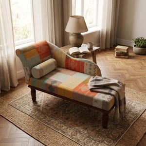 Yellow Teal Patchwork Chaise, Eclectic Boho Bench, RS 594