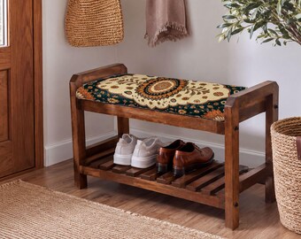 Teal Sunflower Halo Wooden Shoe Rack | Narrow Decorative Bench
