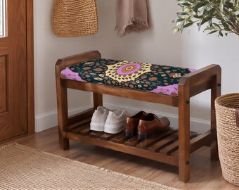 Teal Suzani Lattice Wooden Shoe Rack | Bedroom Bench