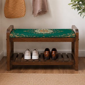 Forest Green Garden Medallion Shoe Rack Bench | Narrow Entryway Shoe Storage | Boho Turkish Handmade image 4