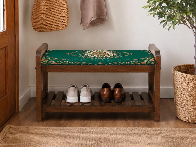 Forest Green Garden Medallion Shoe Rack Bench | Narrow Entryway Shoe Storage | Boho Turkish Handmade image 4
