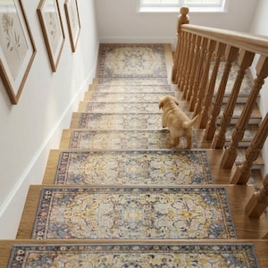 Gold Grey Stair Treads | Floral Cream Landing Rug | Washable Non Slip Runner