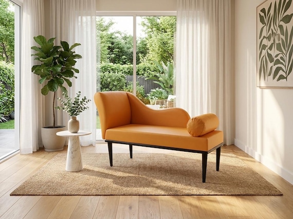 Soft cushioned bench, Chaise lounge chair, Special event lounge, Summer style decor, Bench with backrest, Fainting couch, Sunset orange seat