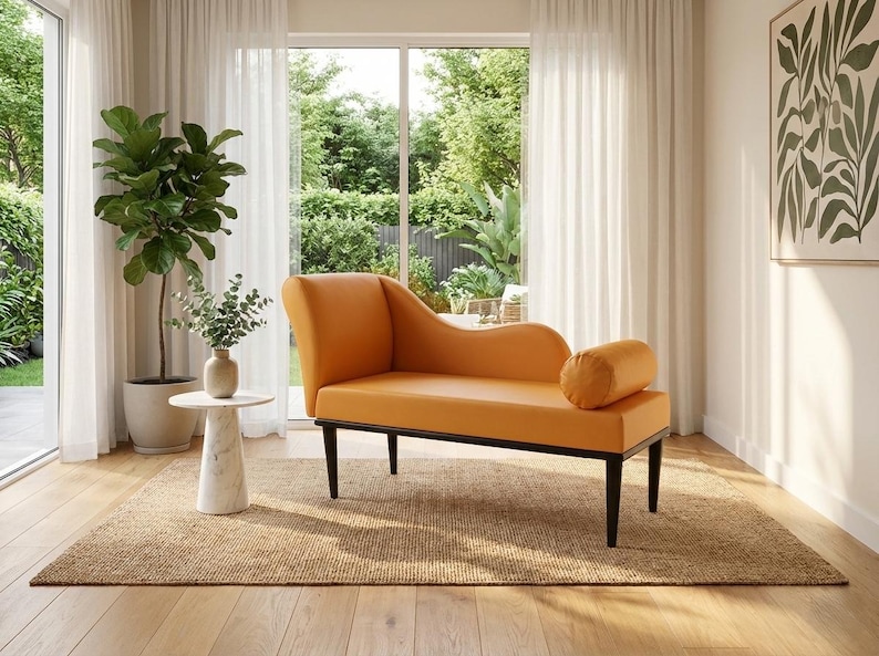 Soft cushioned bench, Chaise lounge chair, Special event lounge, Summer style decor, Bench with backrest, Fainting couch, Sunset orange seat