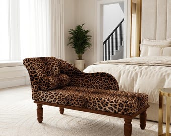 Brown Black Leopard Animal Chaise | Luxury Boho Bedroom Daybed Sofa, RS leo