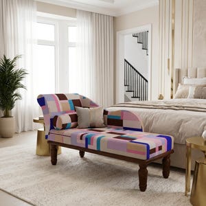 Pink Blue Geometric Chaise Lounge | Modern Bedroom Daybed Settee Couch, RS 712