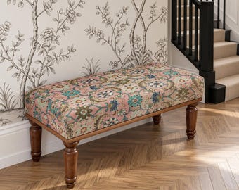 Blush Floral Rug Bench | Handwoven Entryway Accent Seat | Bohemian Ottoman Furniture