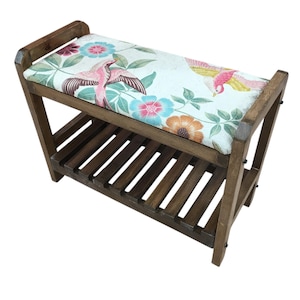 Cream Spring Garden Shoe Rack Bench | Narrow Entryway Shoe Storage | Boho Turkish Handmade