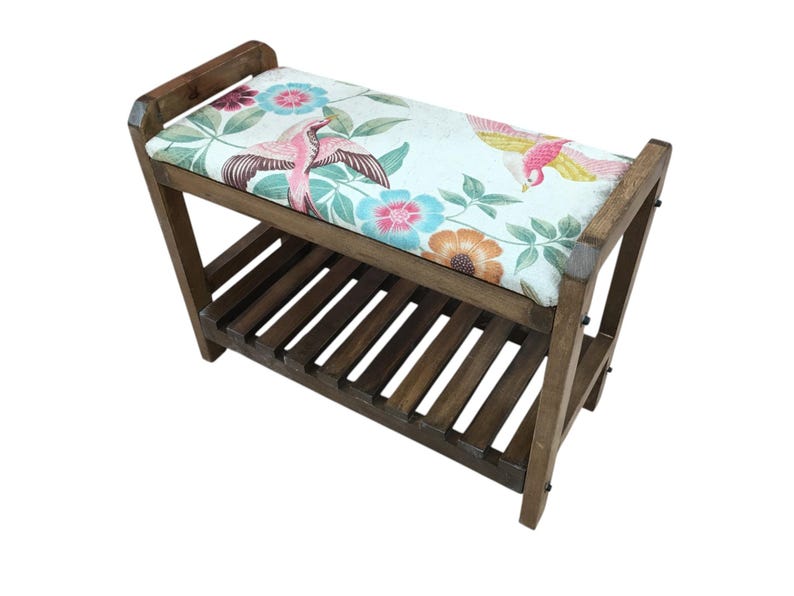 Cream Spring Garden Shoe Rack Bench | Narrow Entryway Shoe Storage | Boho Turkish Handmade