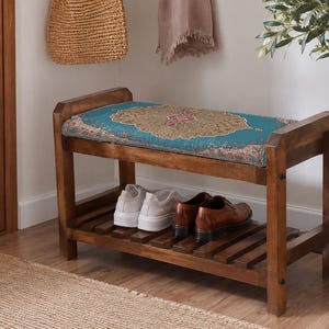 Teal Coral Sunburst Shoe Rack Bench | Narrow Entryway Shoe Storage | Boho Turkish Handmade image 1