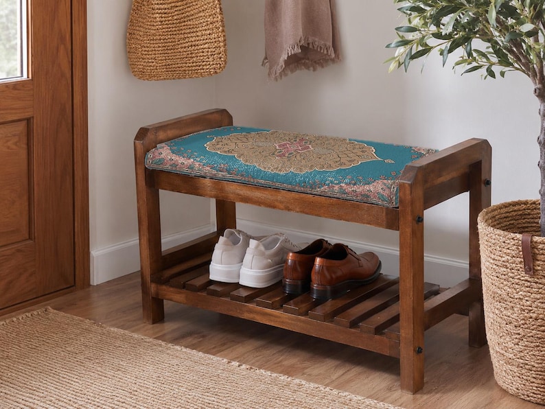 Teal Coral Sunburst Shoe Rack Bench | Narrow Entryway Shoe Storage | Boho Turkish Handmade image 1