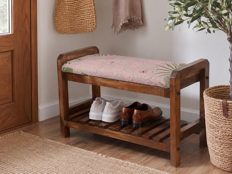 Blush Aztec Zigzag Shoe Rack Bench | Narrow Entryway Shoe Storage | Boho Turkish Handmade image 1