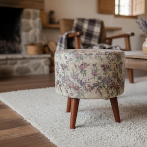 Floral pouf stool, Bench for accent, Bohemian footstool, Round make up chair, Rustic dining stool, High end furniture, Vanity seat, RS 16-01