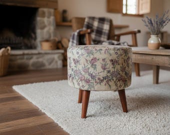 Taburete puf floral, banco decorativo, reposapiés bohemio, silla de maquillaje redonda, taburete de comedor rústico, muebles de alta gama, asiento de tocador, RS 16-01