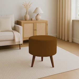 Chocolate brown pouf, Round ottoman bench, Shoe footstool, Dining table chair, Elegant furniture, Bohemian stool, Cozy seating, RS fabric 30
