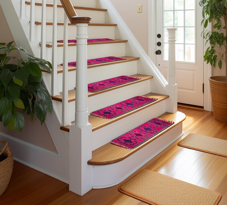 Fuchsia Purple Stair Treads | Ethnic Tribal Landing Rug | Easy Clean Step Carpet image 6