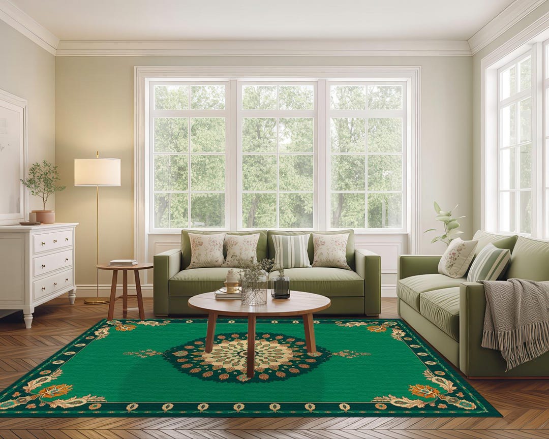 Heritage Green Rug, Detailed Floral Medallion, Washable Anti Slip Mat ...