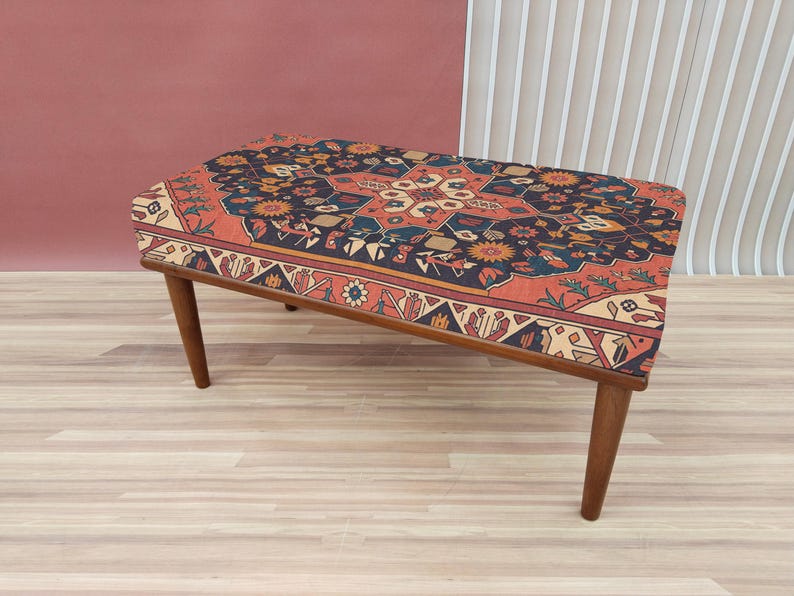 Coral red bench, Vintage design pouf, Entryway shoe bench, Small rustic bench, Mudroom decor, Gift for grandma, Bedroom pouf, RSB 279