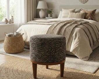 Gothic footstool, Handmade pouf stool, Modern hallway seat, Round shoe bench, Designer furniture, Solid wood chair, Bath organizer, RS 479