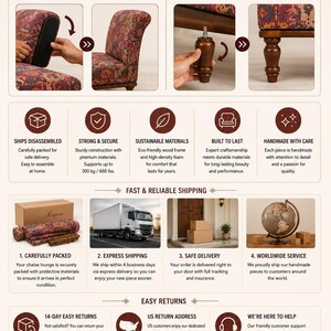 The image is a collage of various scenes related to furniture assembly and fast shipping, including a close-up of a chair being assembled, a person twisting wooden legs into place, and a person handling a package. The image also shows a truck delivering a package, a hand-made wooden chair, and a hand-packed box. The text emphasizes the ease of assembly and fast shipping, and the image is designed for convenience.