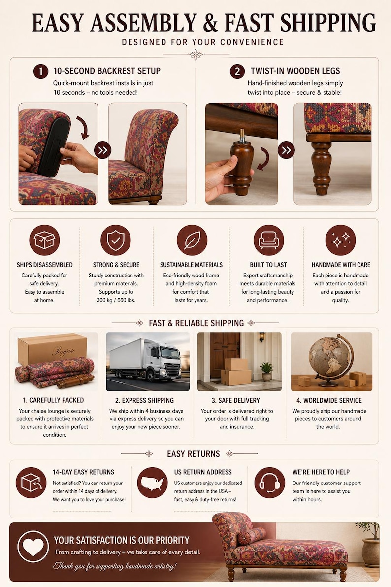 The image is a collage of various scenes related to furniture assembly and fast shipping, including a close-up of a chair being assembled, a person twisting wooden legs into place, and a person handling a package. The image also shows a truck delivering a package, a hand-made wooden chair, and a hand-packed box. The text emphasizes the ease of assembly and fast shipping, and the image is designed for convenience.