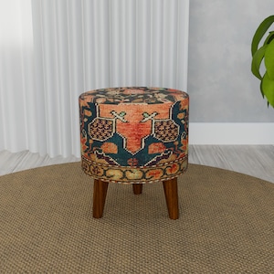 Wooden rustic round bench, Colorful patterned pouf, Authentic footstool, Home entrance chair, Bedroom pouf stool, Cozy footstool, RS 106