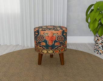 Wooden rustic round bench, Colorful patterned pouf, Authentic footstool, Home entrance chair, Bedroom pouf stool, Cozy footstool, RS 106