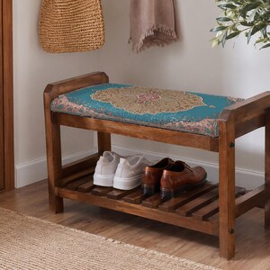 Teal Coral Sunburst Shoe Rack Bench | Narrow Entryway Shoe Storage | Boho Turkish Handmade image 9