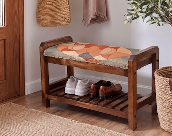 Multicolor Mid Century Circles Wooden Shoe Bench | Hallway Handmade Storage