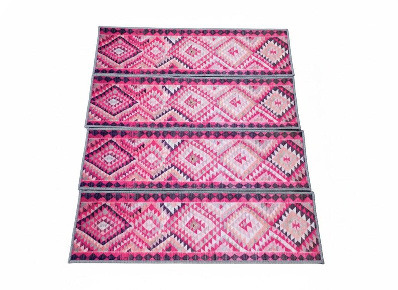 stairs runner rug, pink rug for stairs, retro rug, herki rug print, ikat rug, aesthetic rug, boho decor rug, pastel rug, steps rug, RS 70