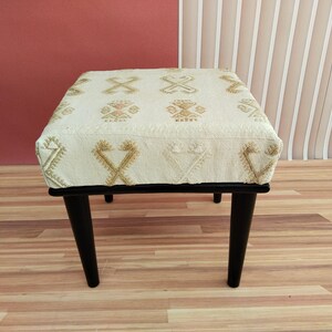 Ivory Geometric Motif Square Bench | Boho Entryway Shoe Ottoman Pouf Conic Leg / Black